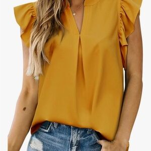 Dokotoo Yellow Ruffle Sleeve Women's Top Large
